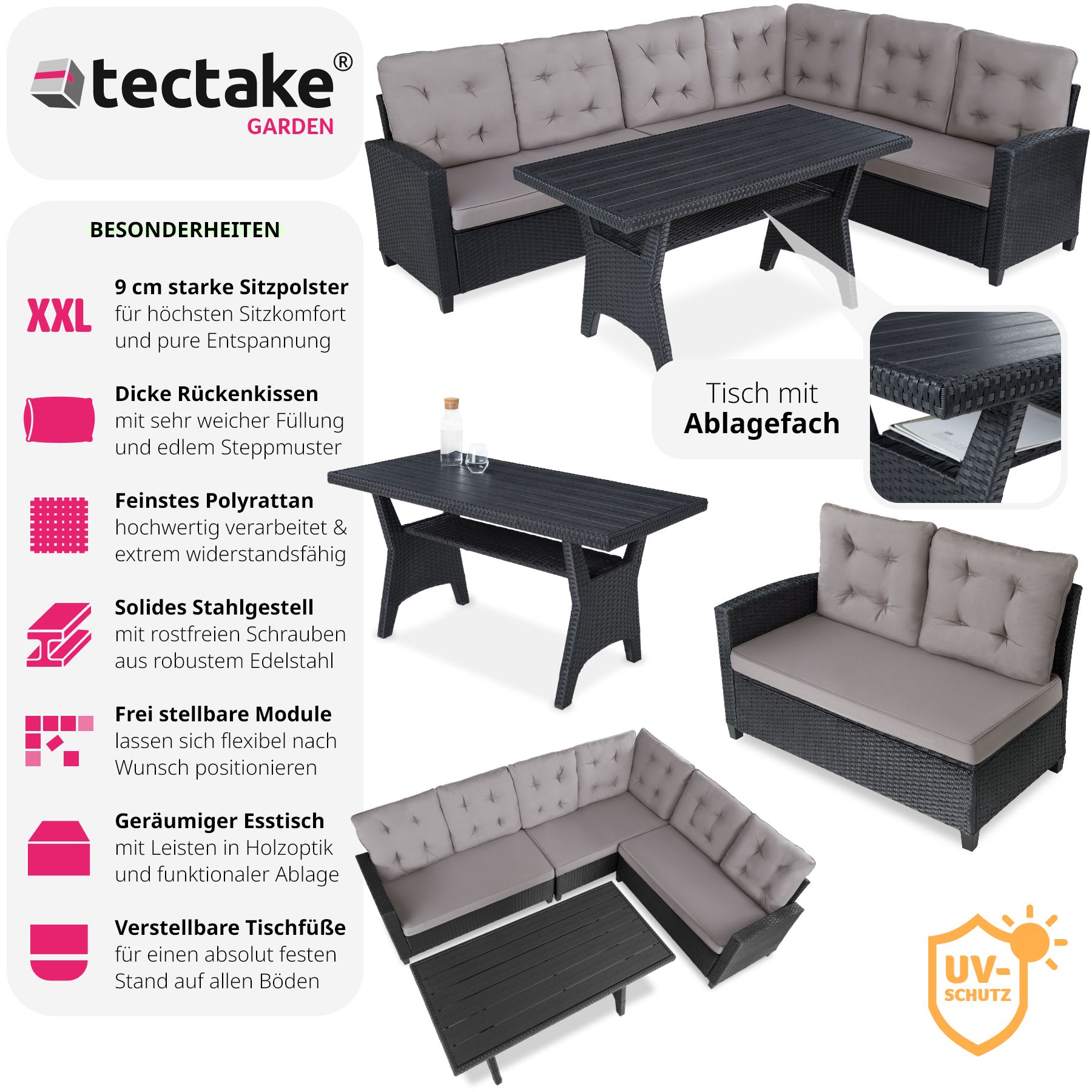 tectake® Rattan Lounge, für 6 Personen, UV-beständig, Tisch mit Schraubfüßen