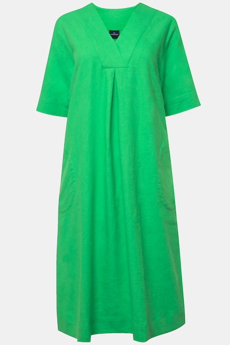 Leinenmix-Kleid, A-Line, V-Ausschnitt, Halbarm