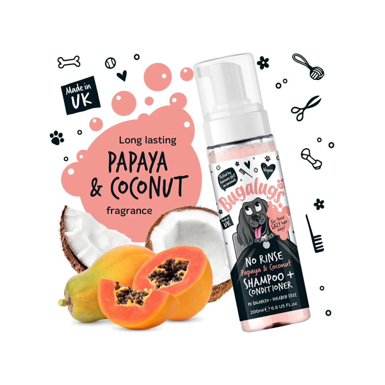 Bugalugs Papaya Coconut 2-in-1 No-Rinse Shampoo & Conditioner – Praktische Pflege für Hunde- und Katzenfell