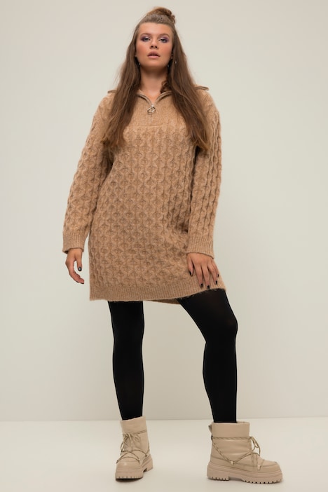 Strickkleid, Straight Shape, Zopf-Muster, Troyer-Kragen, Langarm