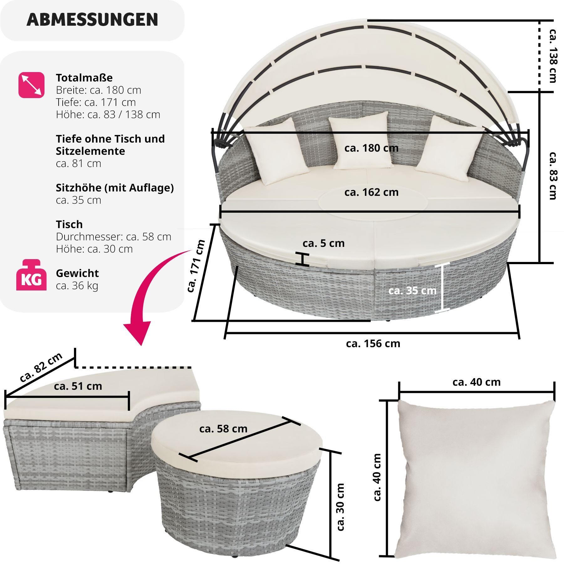 tectake® Rattan Sonneninsel, mit Aluminiumgestell, klappbares Sonnendach, variabel aufstellbar