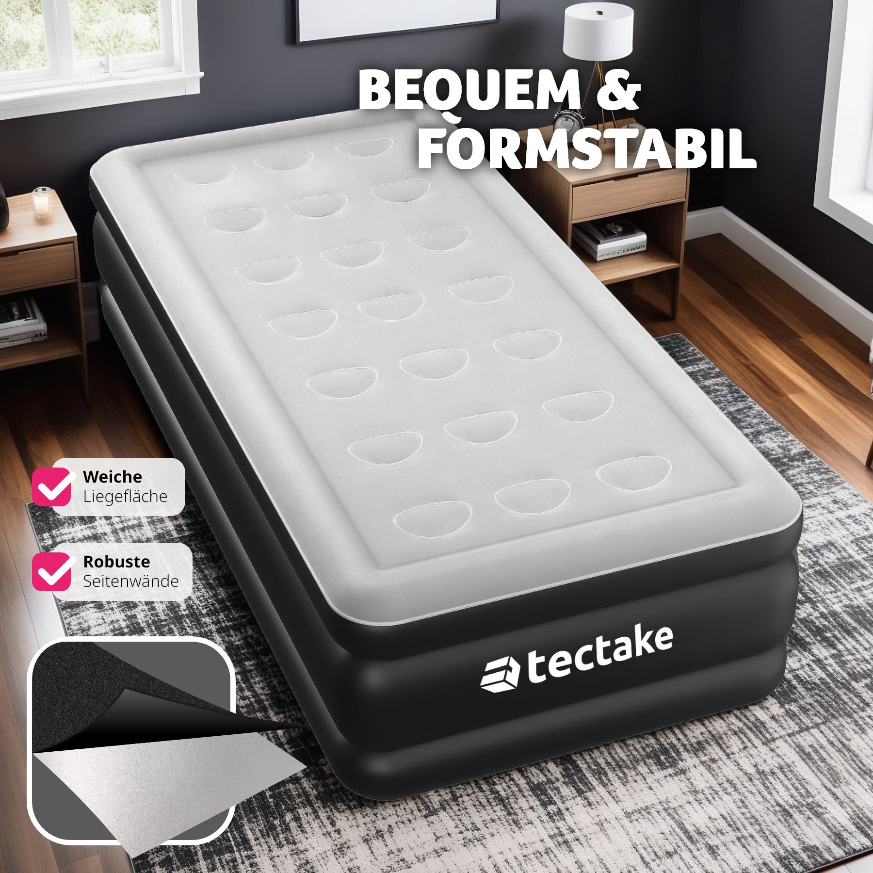 tectake® Aufblasbare Matratze, für 1 oder 2 Personen, ergonomisches Luftsäulensystem, inkl. manuellem Ventil und Tragebeutel