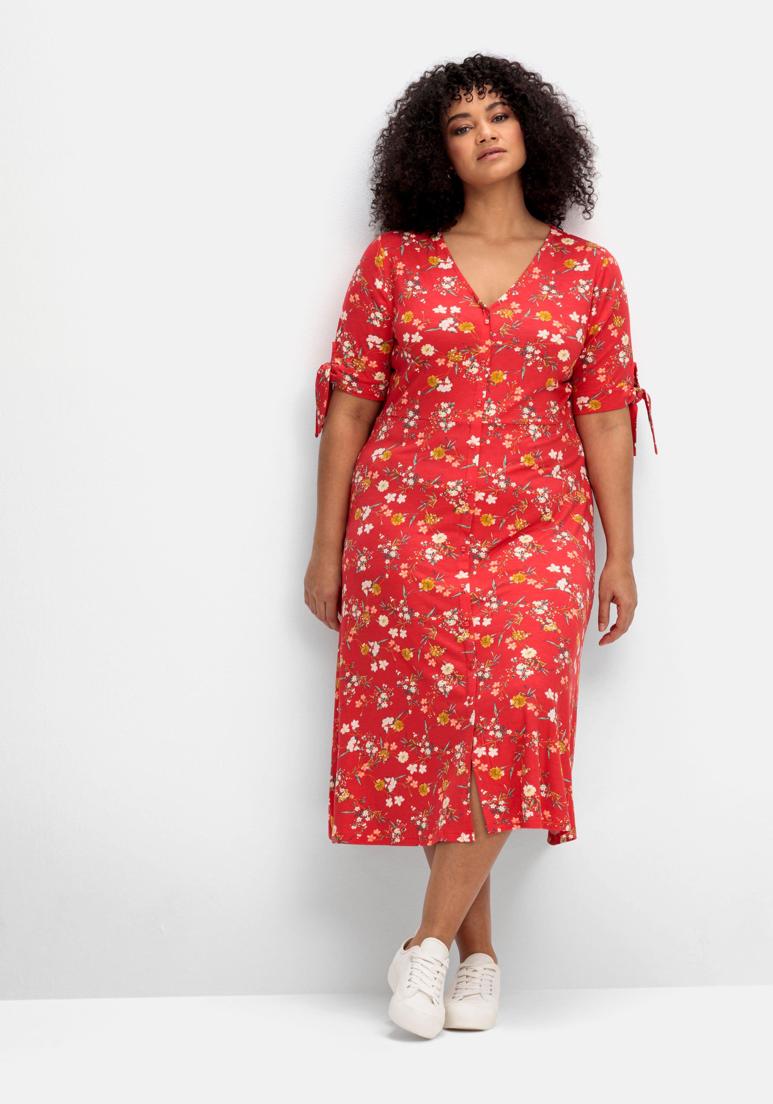 Jerseykleid mit Blumendruck und Zierknopfleiste