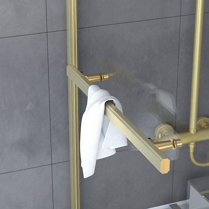 Pare-baignoire pivotant 150 x 85 cm, profilés alu doré brossé, porte-serviette, Galedo Prime
