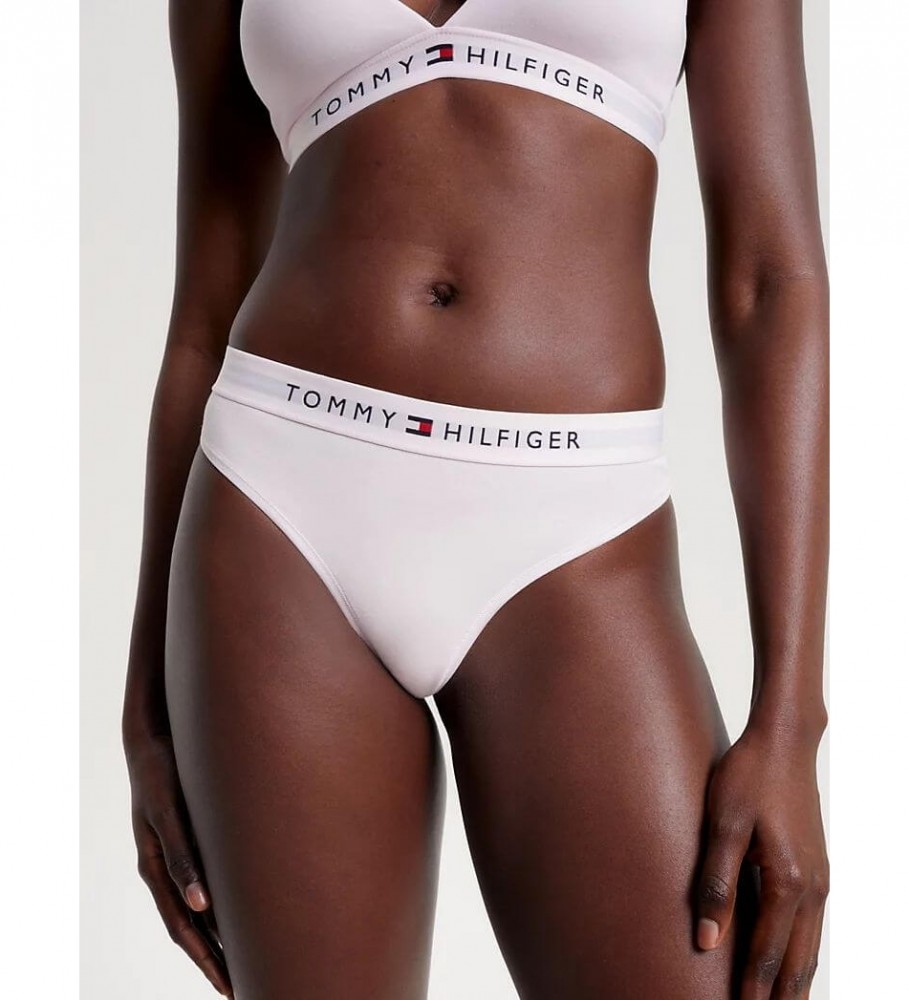 Calcinha fio dental Tommy Hilfiger com cós rosa com logo.