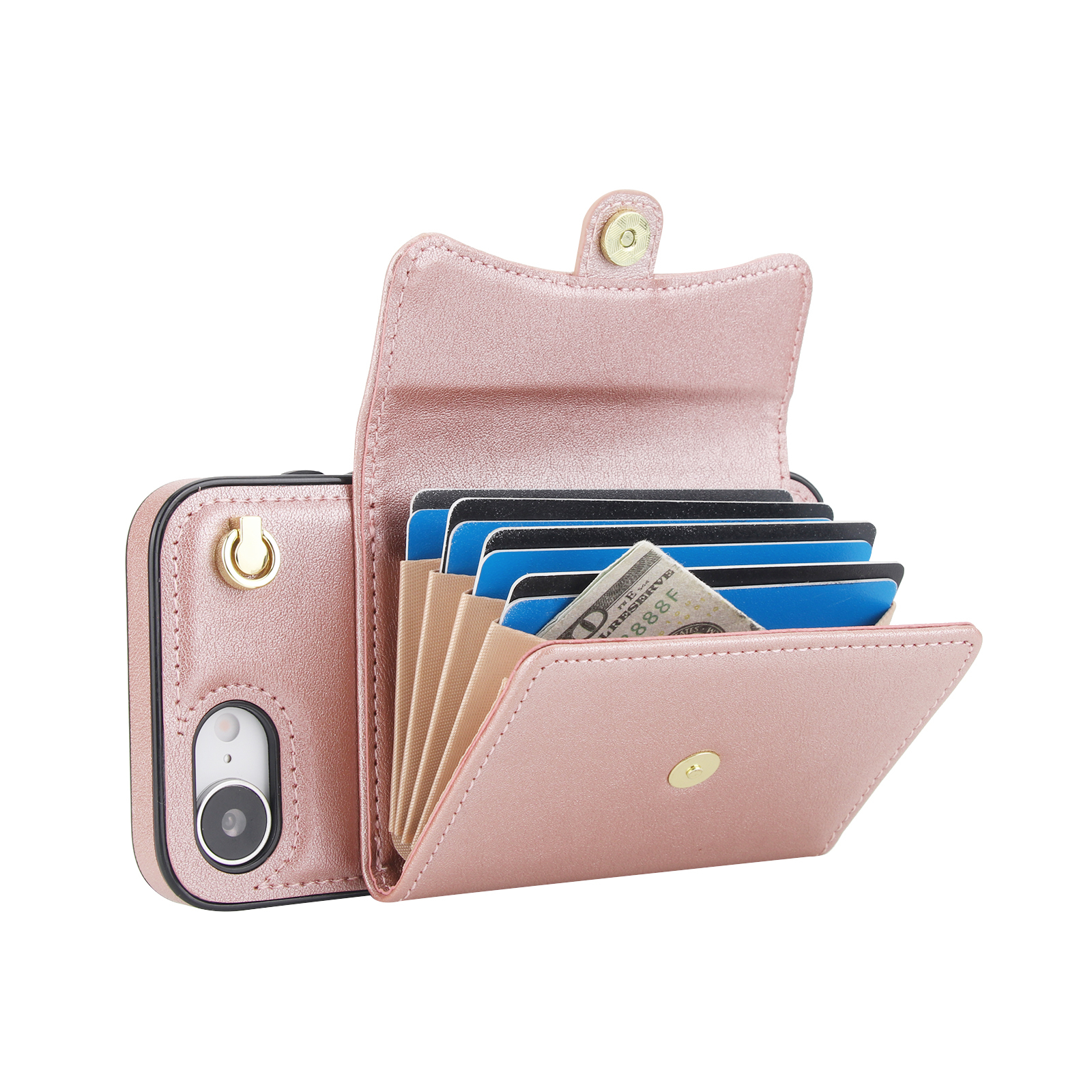 iPhone 16e Necklace Leder Schutz Hülle mit Kartenfach   Handykette (140cm) - Roségold