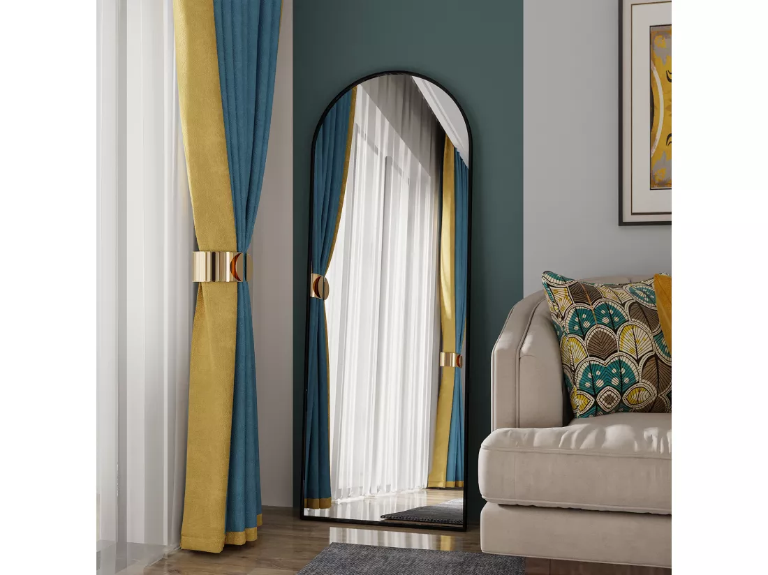 Miroir pleine longueur 162 x 53 cm, sur pied, suspendu ou appuyé, grand miroir de sol avec cadre en alliage d'aluminium noir pour salon ou chambre à coucher, Arc
