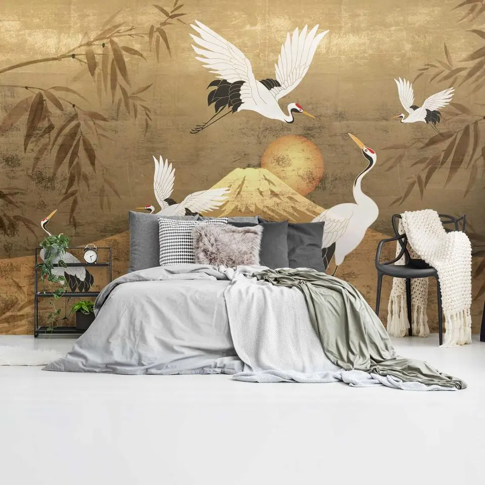 Fotobehang Kraanvogels - 260x384cm - Goudkleurig