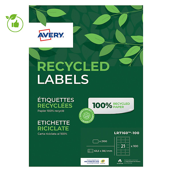 Boite de 2100 étiquettes laser blanches 100 % recyclées LR7160 format 63,5 x 38,1 mm Avery