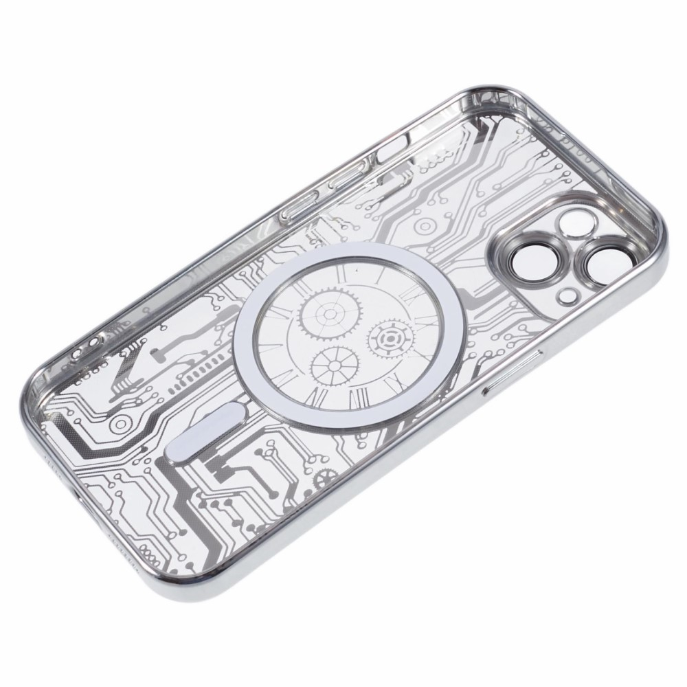 iPhone 15 MagSafe Gummi Case Hülle Galvanisierter Rahmen im Mechanischen Zahnrad Design   Kameraglasschutz - Silber