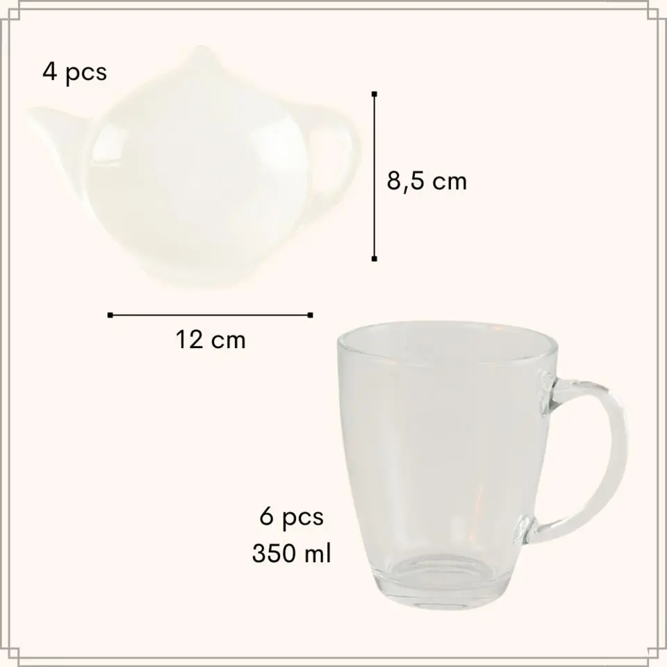 OTIX Theeglazen 6 stuks met 4 Theezakjeshouders Porcelein 350 ml Glas