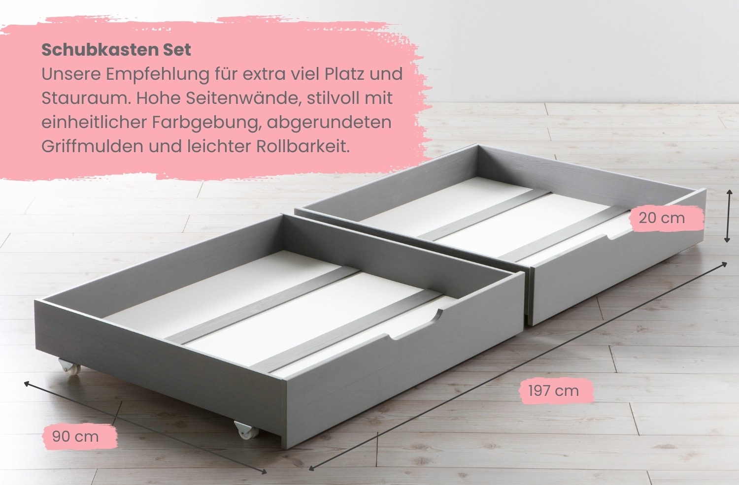 TiCAA Hausbett mit Tüll Kim 90x200 cm, 100x200 cm, 120x200 cm, 140x200 cm für Jungen & Mädchen, inkl. Rolllattenrost, Schubkasten und Rausfallschutz variabel, Hellgrau aus Kiefer Massivholz