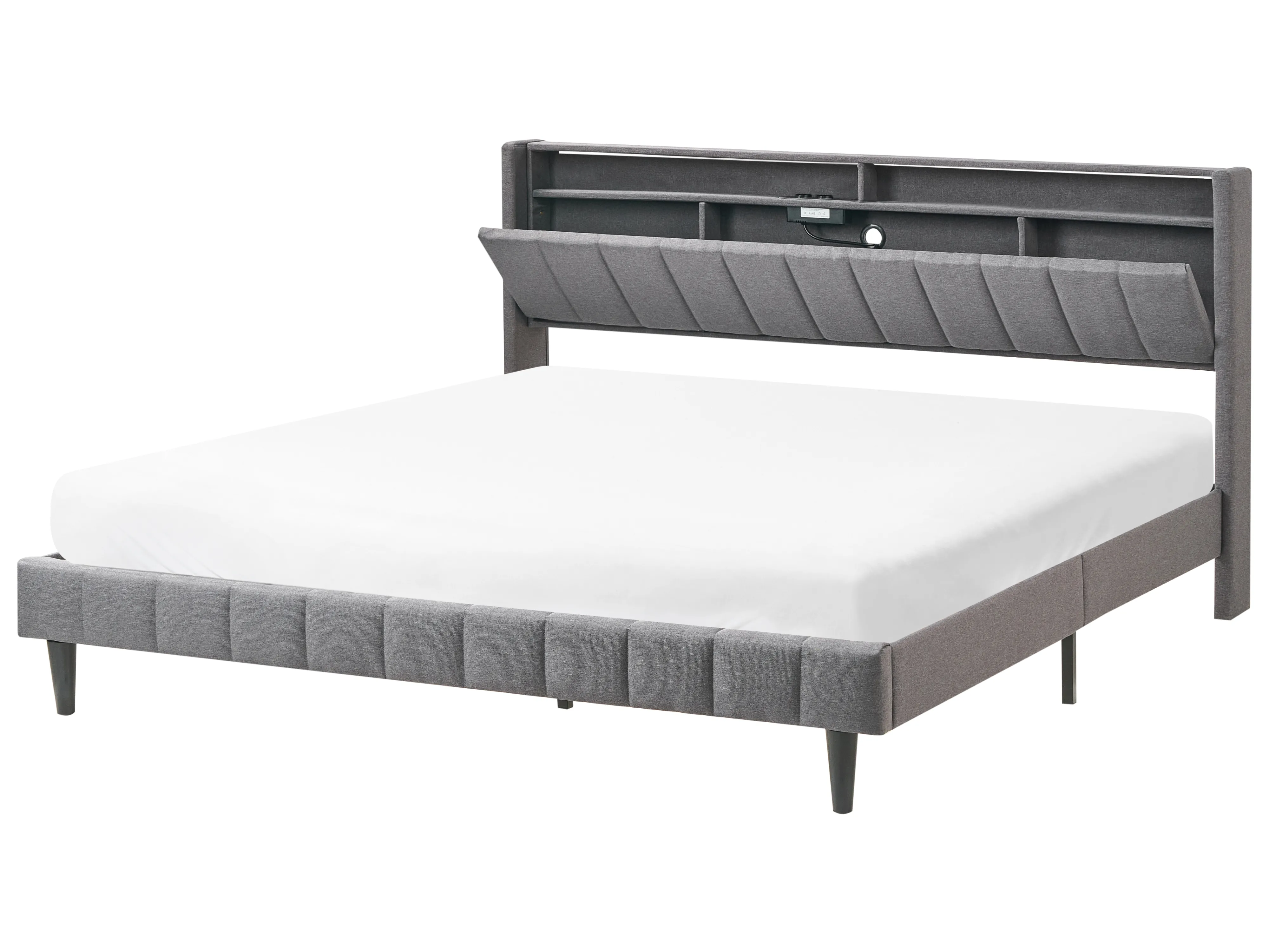 Bed met LED-verlichting Stof BEAULIEU 180 x 200 cm met opbergruimte met USB-poort Donkergrijs
