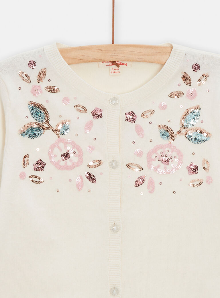 Cardigan écru animation sequins fleuris pour fille