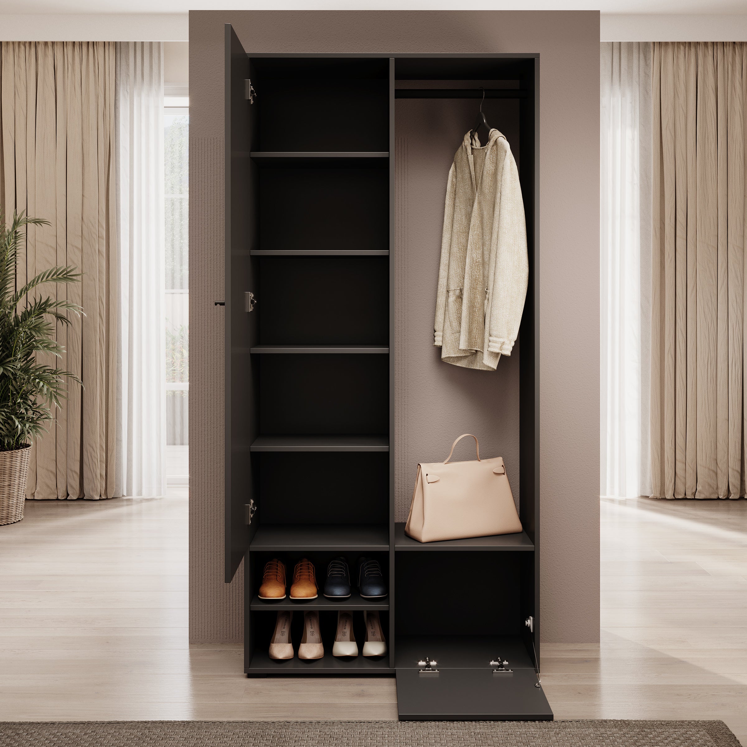 Deacon - Halkast met 2 deuren - Zwart - 90x33x190 cm