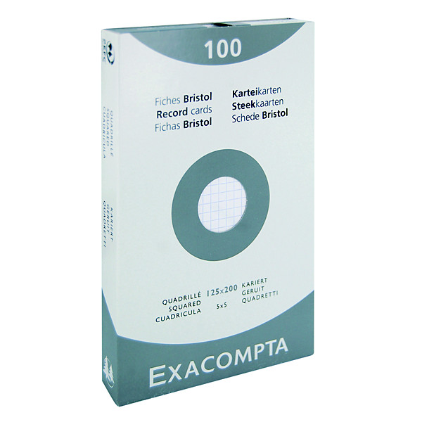 100 fiches bristol quadrillées  12,5 x 20 cm  Exacompta coloris blanc, la boîte