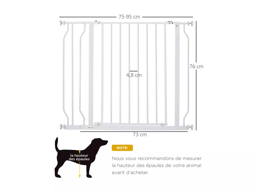 Barrière de sécurité animaux - longueur réglable dim. 75-95 cm - porte double verrouillage, ouverture double sens -sans perçage - acier ABS blanc
