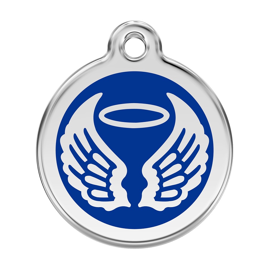 Placa de identificação para cães em aço inoxidável esmaltado com asas de anjo azuis.