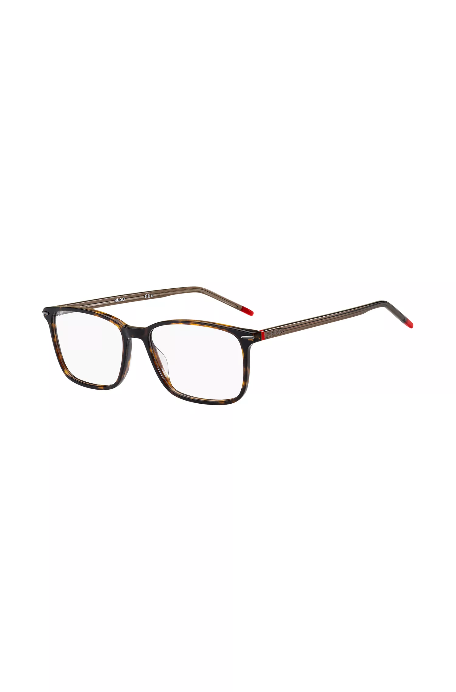 Armação de óculos HUGO em acetato vermelho Havana com detalhes em vermelho.