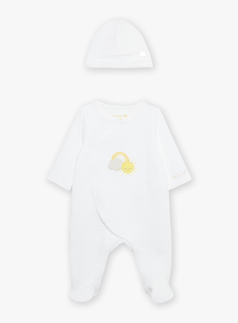Pyjama et bonnet de naissance blancs à motif nuage et soleil