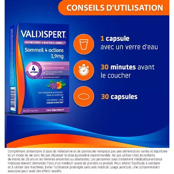 Valdispert Sommeil 4 Actions 1,9mg Mélatonine Lot de 3 x 30 gélules