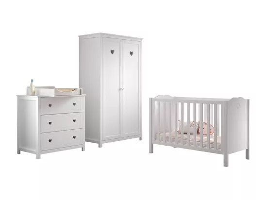 Chambre complète lit bébé 60x120 commode à langer et armoire 2 portes Amori Blanc