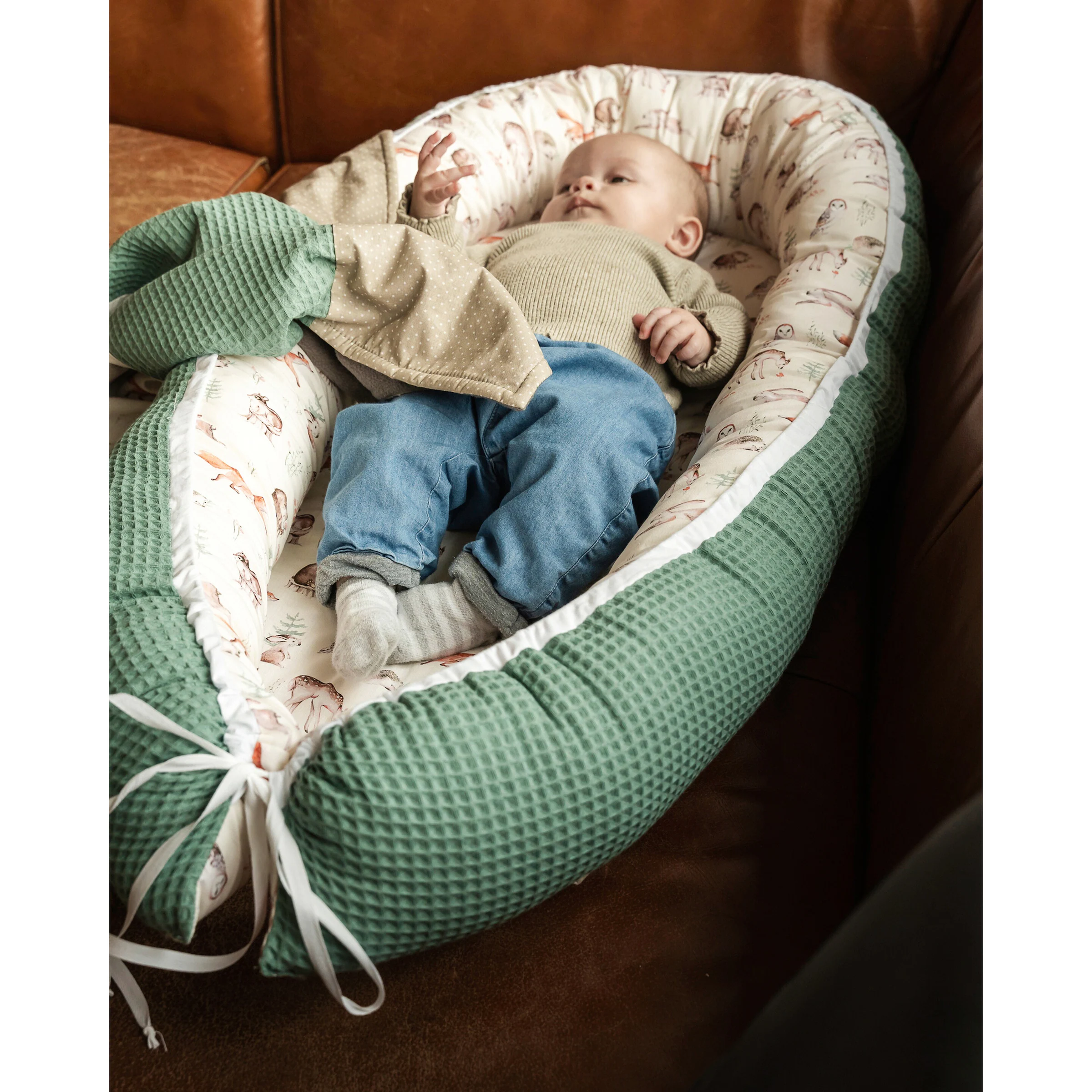 Ullenboom Kuschelnest Waffelpiqué 55x95 cm beige / grün / Waldfreunde