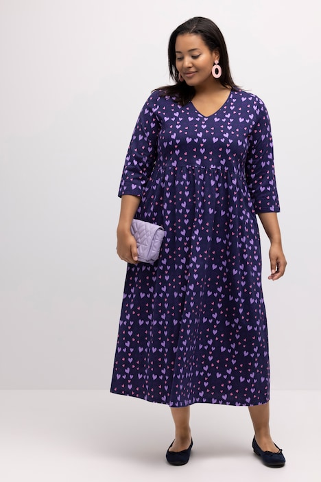 Midikleid, Herz-Muster, V-Ausschnitt, 3/4-Ärmel