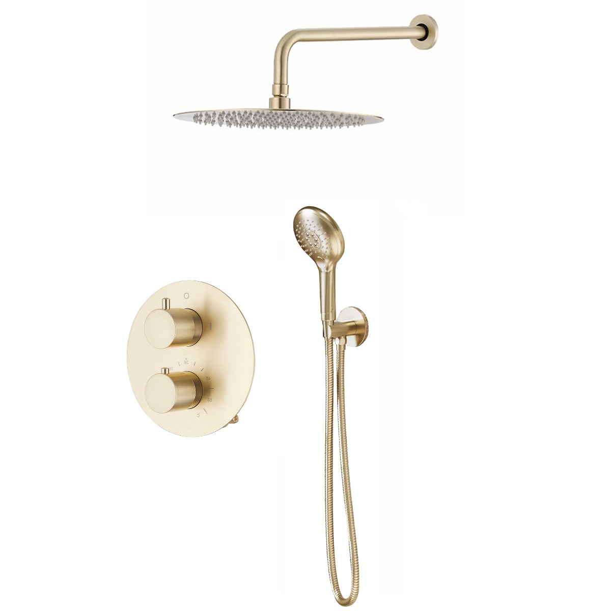 Saniclear Brass inbouw regendouche rond met 30cm hoofddouche, wandarm en 2 standen handdouche geborsteld messing - mat goud
