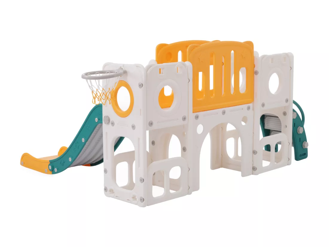 Toboggan 6 en 1 en PEHD pour enfant, avec plate-forme, escalier, 2 zondes de rangement, arcade, panier de basket, vert
