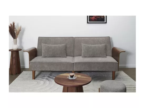 Canapé convertible en velours côtelé gris et bois L205 cm - SCOTT