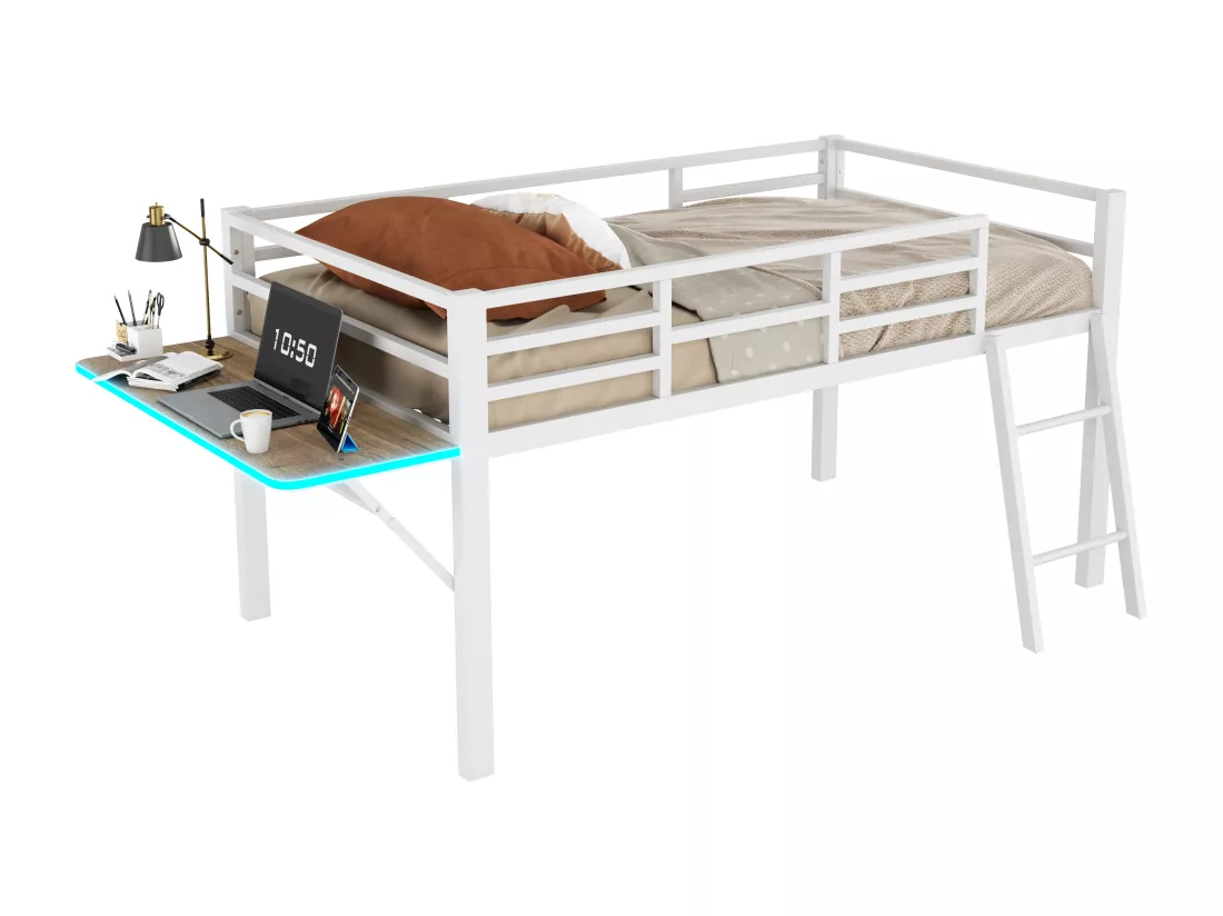 Lit mezzanine 90x200cm en métal avec LED - avec bureau abattant et sommier à lattes - Blanc