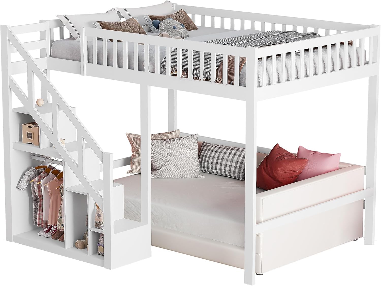 Kinderbett Etagenbett 140x200, Hochbett 140 x 200 mit Treppe, Staurau, Gitter und Rausfallschutz, Hochbett für 2 Kinder, Jugendhochbett mit Lattenrost, Kiefer, Ohne Matratze (Weiß A01, 140x200)