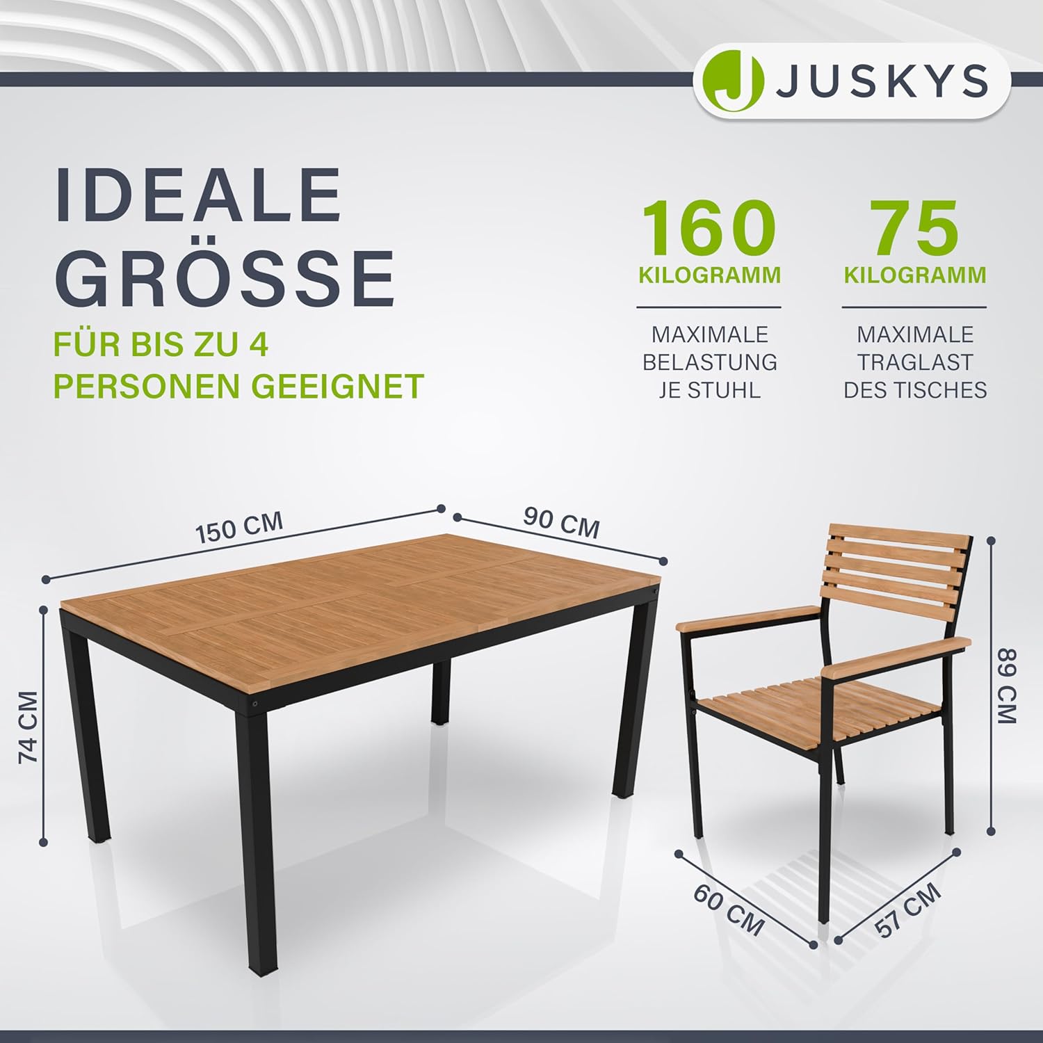 Juskys Akazienholz Gartengarnitur Rhodos - Tisch, 4 Stühle & Auflagen - Holz Gartenmöbel Set 5-teilig - Balkonmöbel -Outdoor Möbel Natur & Schwarz