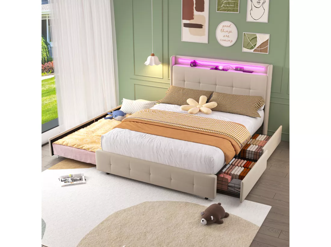 Lit double rembourré 140x200 cm Lit adulte avec lit gigogne éclairage LED 2 tiroirs ports USB et sommier à lattes - beige