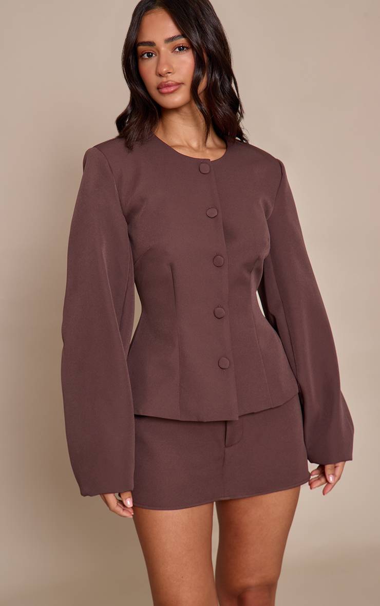 Chocolat Blazer Coordonné Petite Tissé À Taille Cintrée Manches Cocon Et Boutonnage