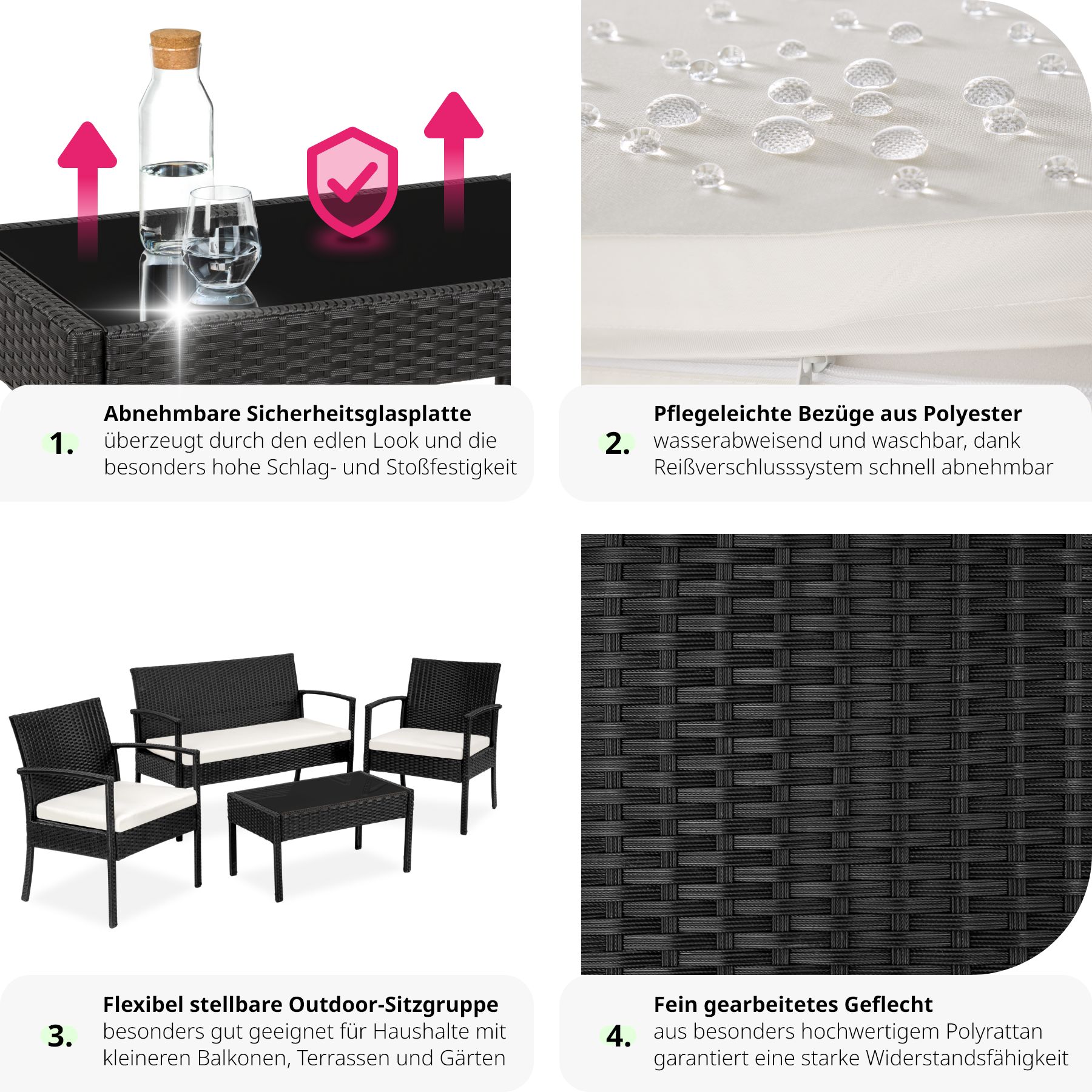 tectake® Rattan Sitzgruppe, für 4 Personen, UV-beständig, schlanke Gestelle