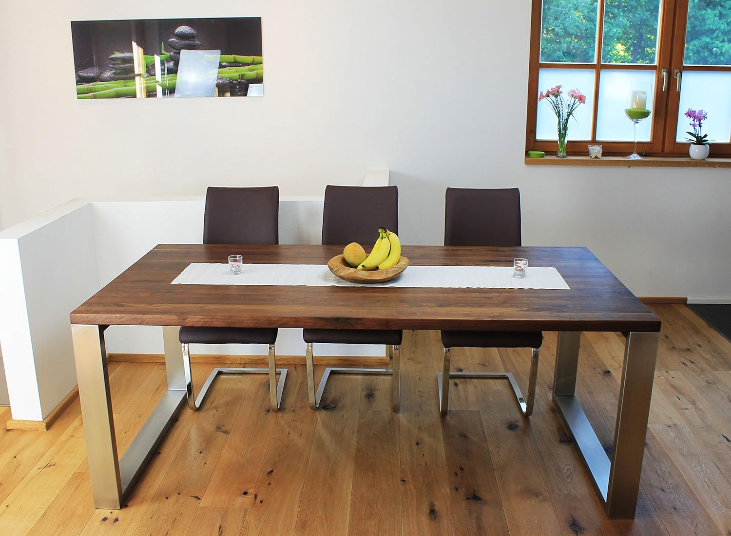 Esstisch Massivholz Edelstahl Serie Munich, Tisch Holz Nussbaum amerik. massiv 220 x 100 cm, Holztisch Edelstahl Metall Stahl, Premium Esstisch, Design Tisch Edelstahl Tischgestell
