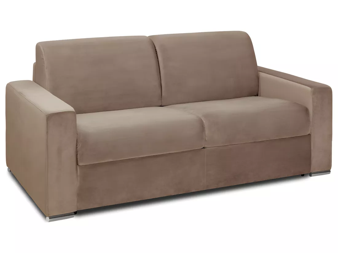 Canapé 2 places convertible express en velours beige - Couchage lattes larges 120 cm - Matelas 14 cm avec mémoire de forme CALITO