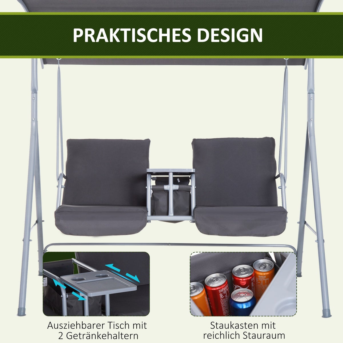 Outsunny Hollywood Swing, 2-zits tuinschommel met parasol, 175 x 112 x 165 cm, metaal, polyester, Oxford, grijs
