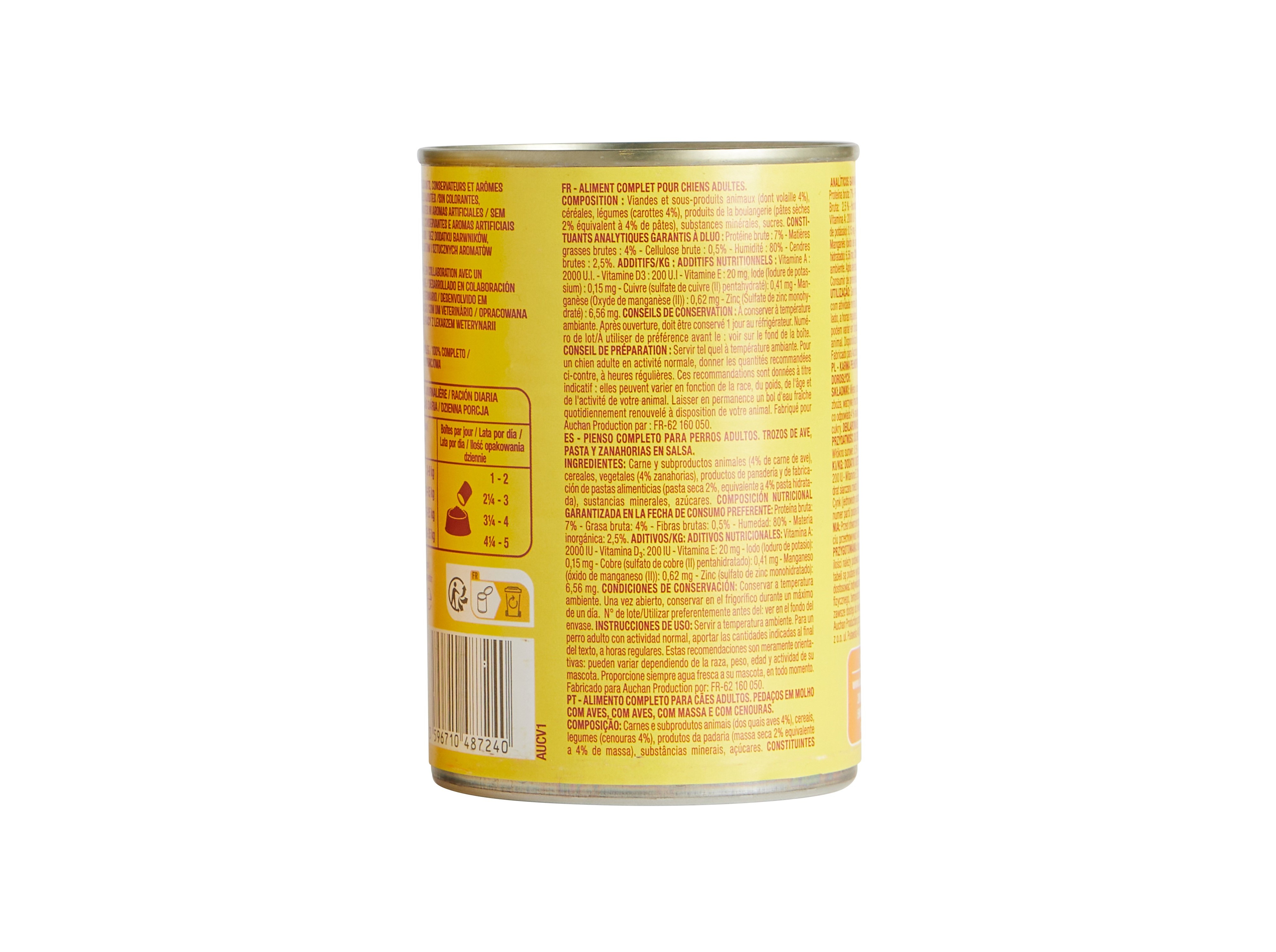 COMIDA HÚMIDA PARA CÃO AUCHAN PEDAÇOS EM MOLHO AVES E COM MASSA 400G