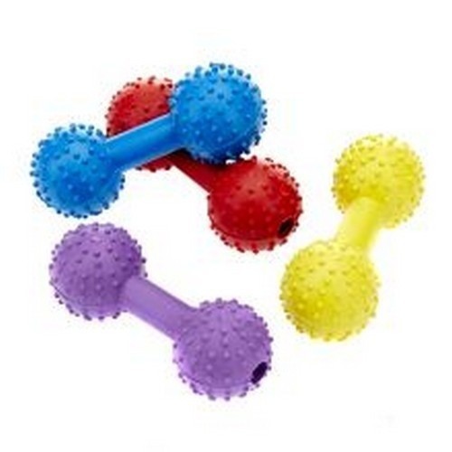Brinquedo para cães em formato de haltere com sino.