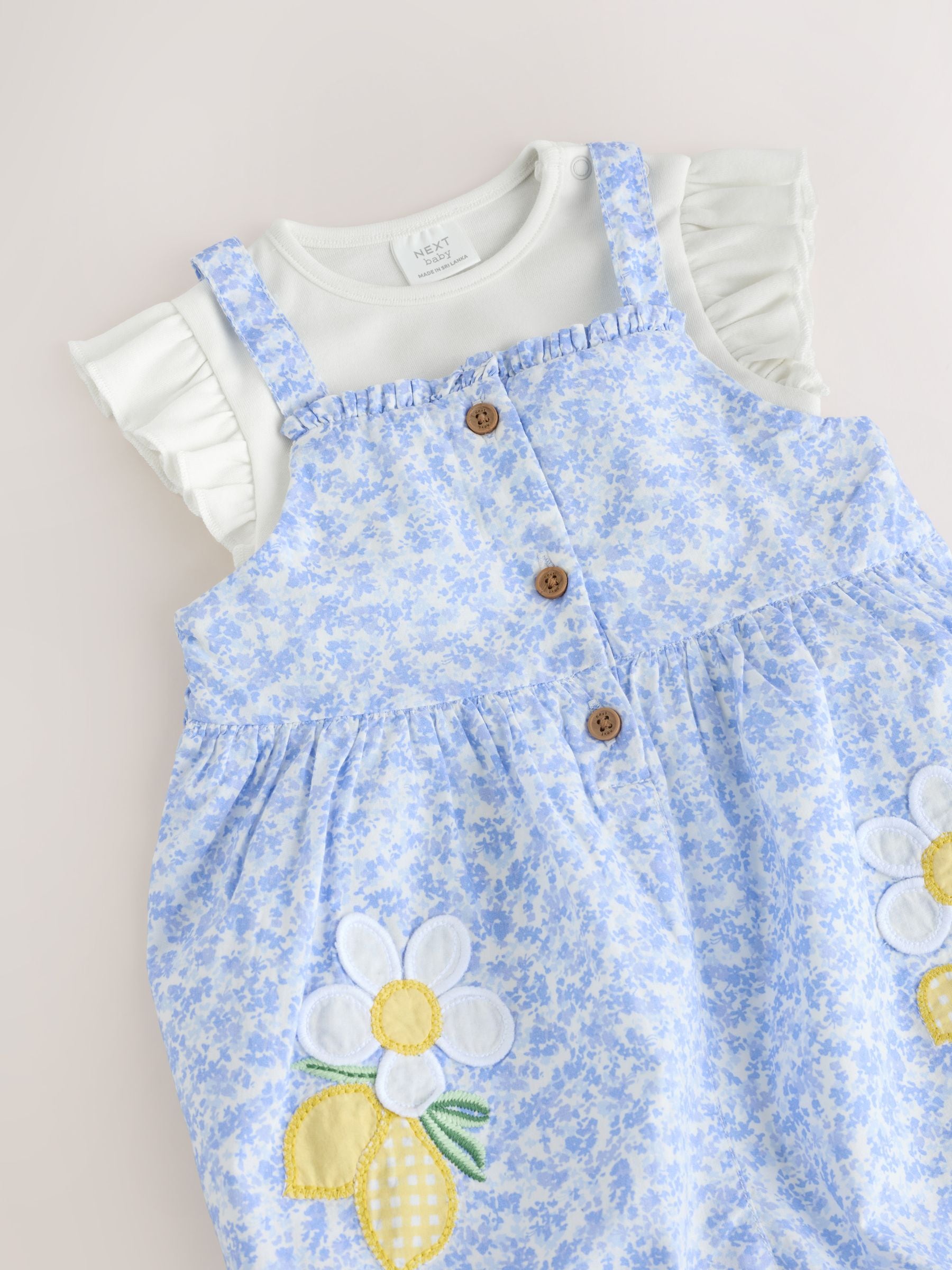 Blauw/wit met bloemenprint - Babyset van rompertje met korte mouwen en bretelbroek (0mnd -2jr)