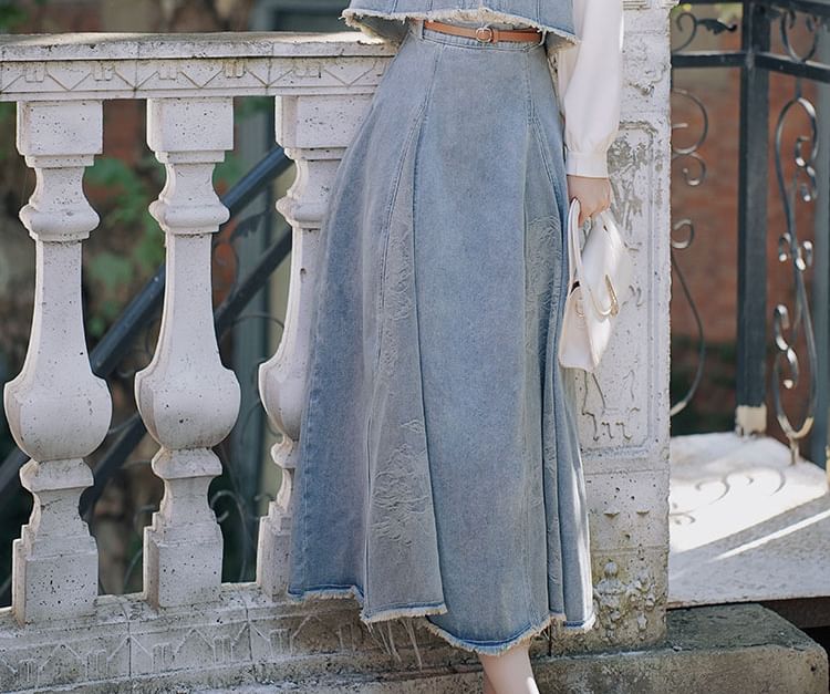 Cocaliso - Effen overhemd met kraag / Gewassen denim vest / Midi A-lijn rok met gemiddelde taille / Set