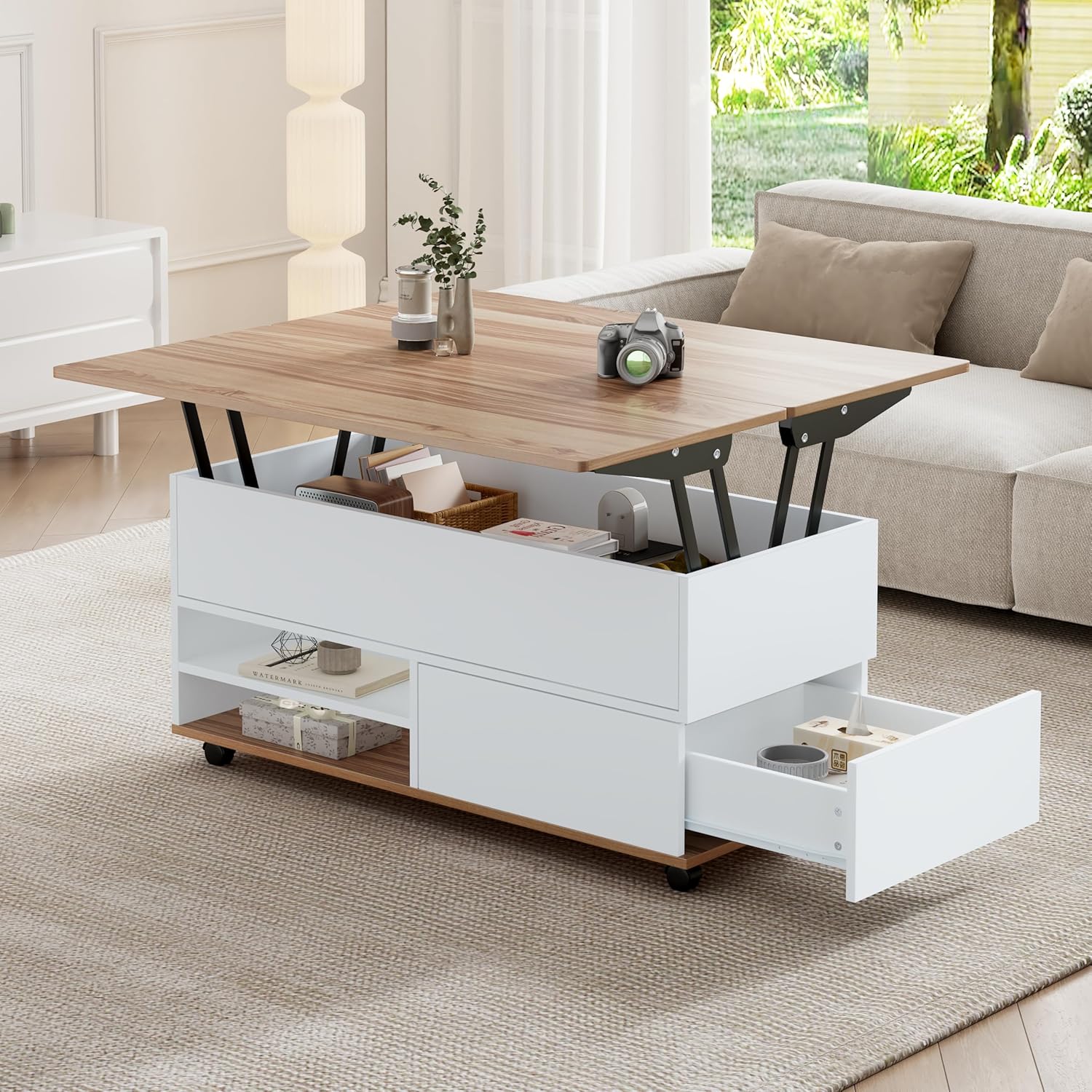 Merax Couchtisch, höhenverstellbarer Wohnzimmertisch, 3-in-1-Multifunktions-Kaffeetisch mit Verstecktem Stauraum & Schubladen & Rollen, Umwandelbar in Esstisch, Sofatisch für Büro, Weiß & Holzfarbe