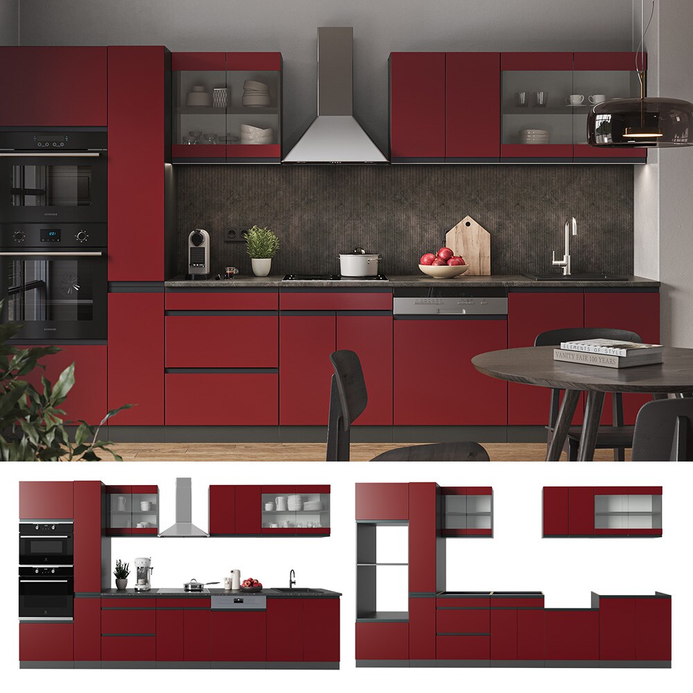 Vicco Küchenzeile Küchenblock Einbauküche R-Line J-Shape Anthrazit Rot 350 cm modern Küchenschränke Küchenmöbel