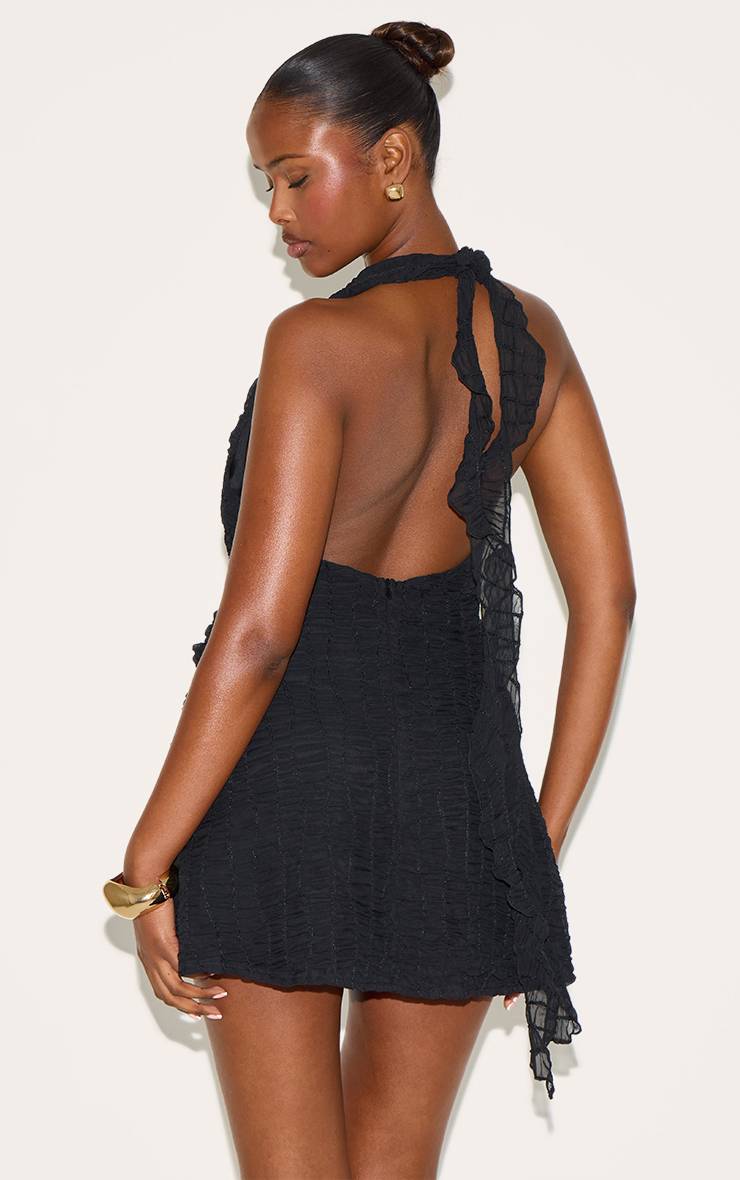Noir Robe Droite Texturée À Col En V Avec Ceinture