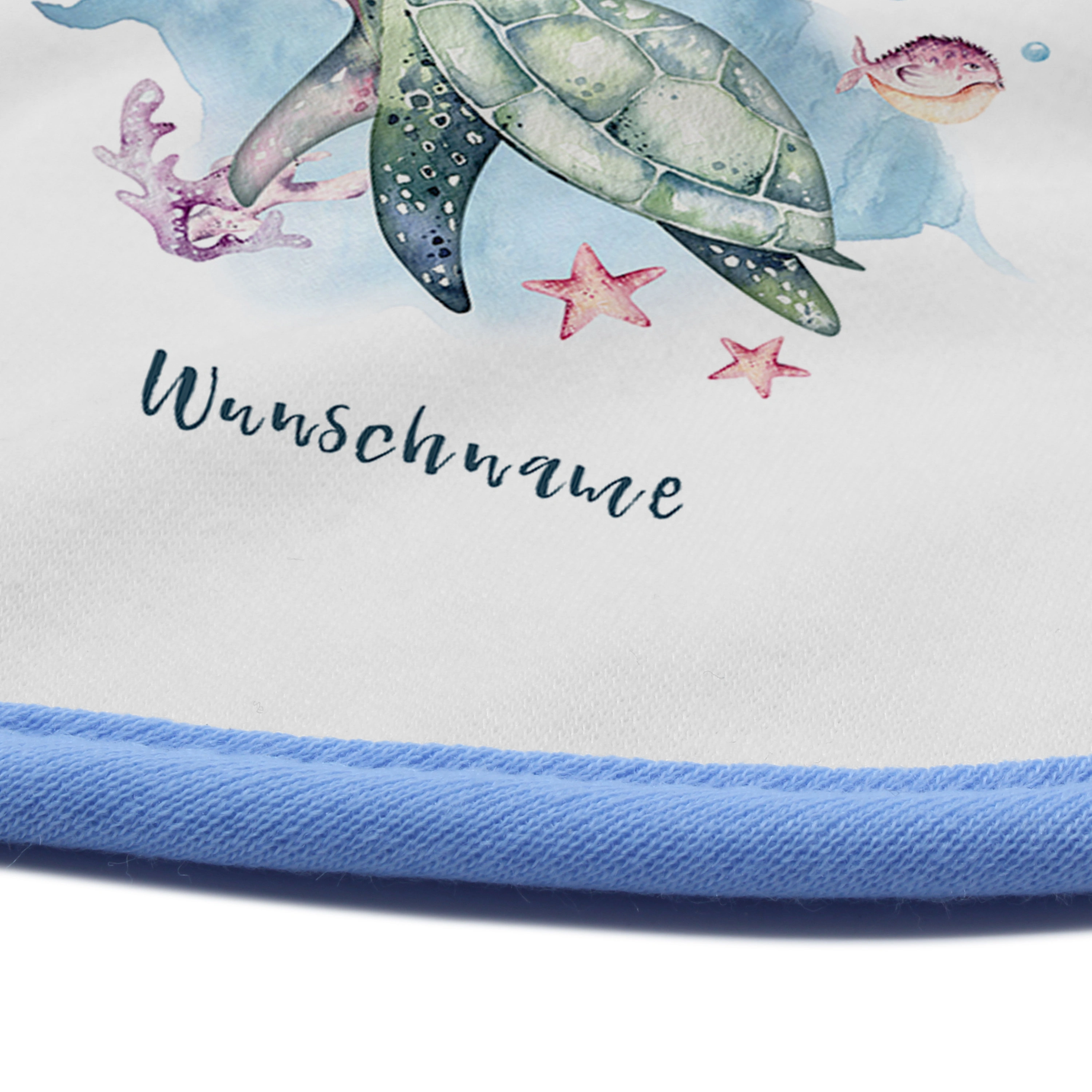 Baby-Lätzchen mit Namen, blau (Motiv: Schildkröte)