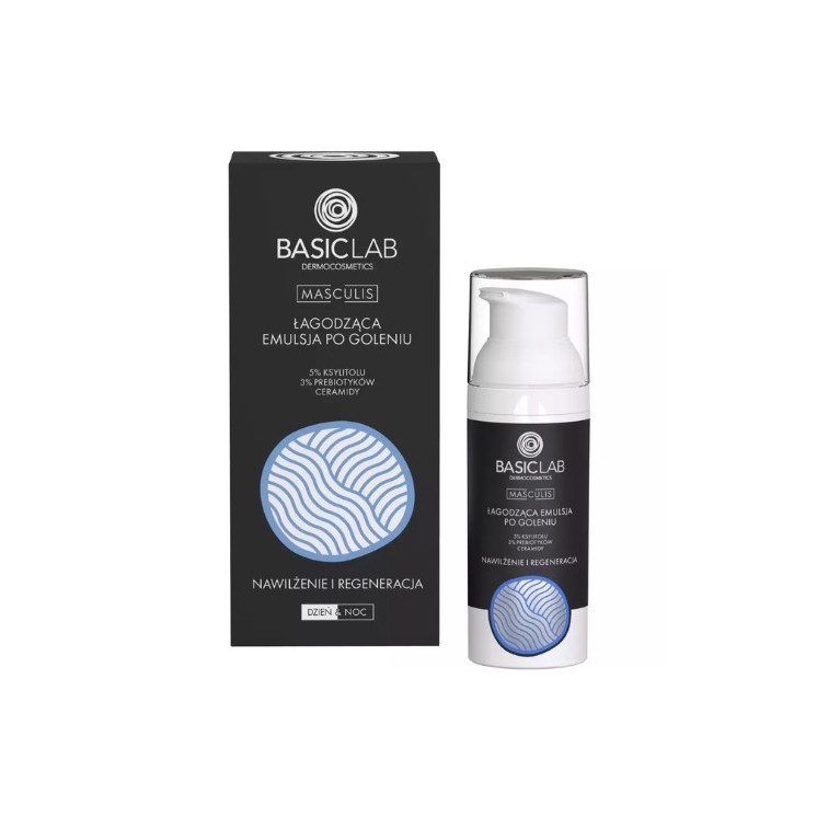 BasicLab Masculis verzachtende aftershave-emulsie Hydraterend en regeneratie 5 % Xylitol en 3% Prebiotica 50 ml