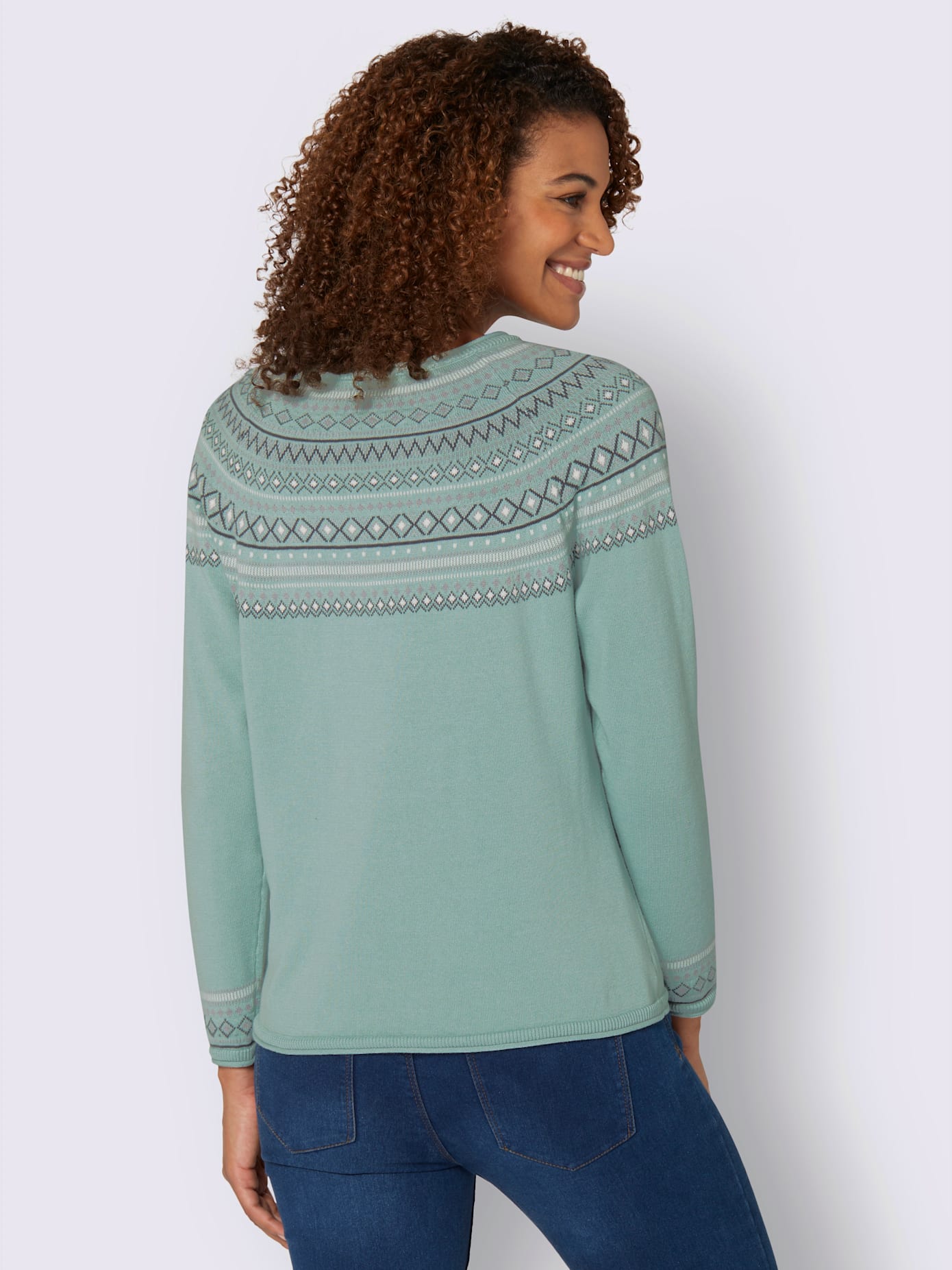 Pull au motif norvégien en jacquard col rond avec bordure ondulée